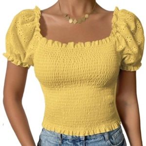 Planet Good Yellow Eyelet Puff-Sleeved Cropped Blouse